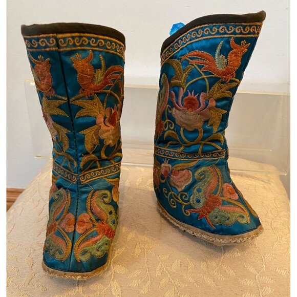 Vintage Asian Embroidered Small Childs Silk Boots Colorful Floral & Bird Motif